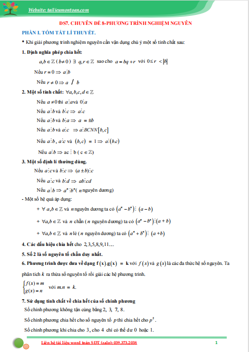 Chuyên đề phương trình nghiệm nguyên